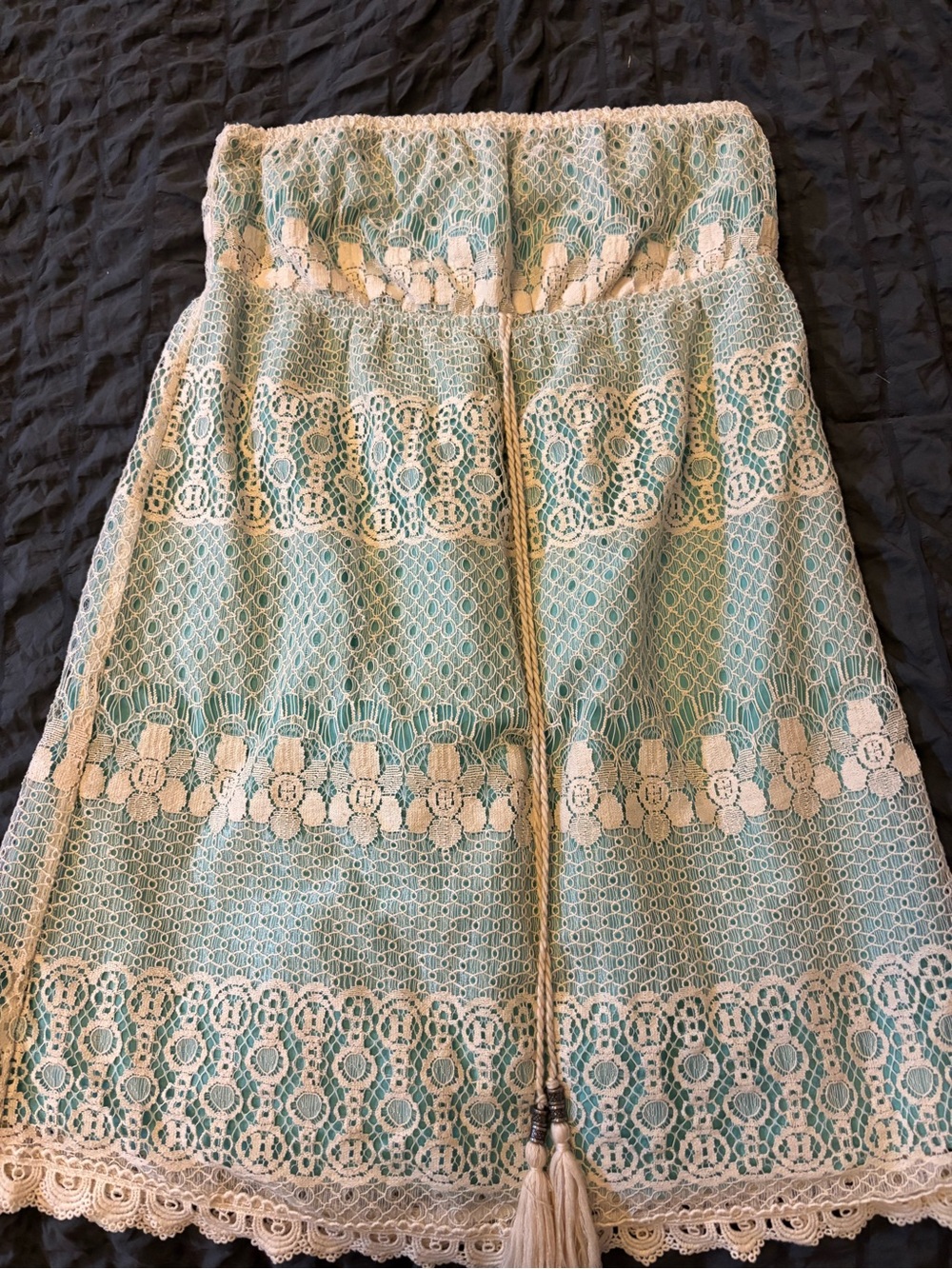 Flying Tomato Aqua Mini Dress with Cream Crochet Overlay
